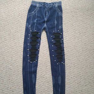 Embellished, distressed jean look leggings